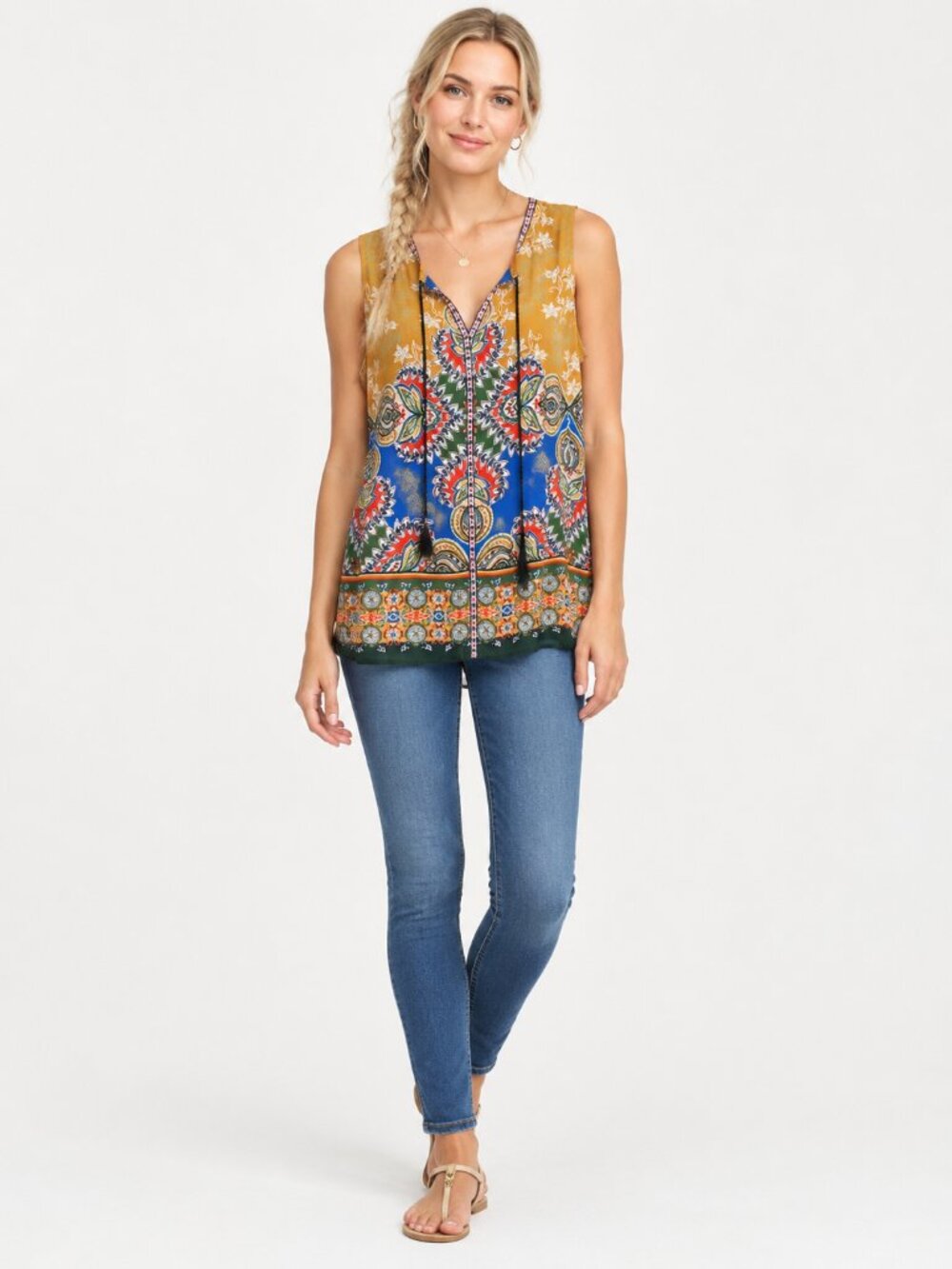 2/$30 DR2 Daniel Rainn Boho Pleated Tassel Sleeveless Top Marigold Large #A4444